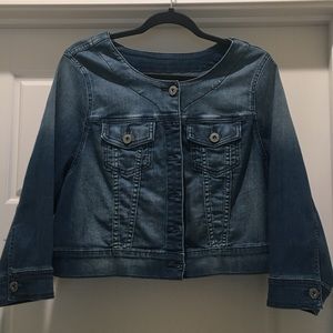 Torrid Cropped collarless trucker jean jacket